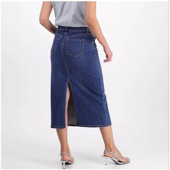 INC Blue Denim Stretch Midi Skirt 14P Boho Western Dark Wash Slit Jean - Picture 2 of 11
